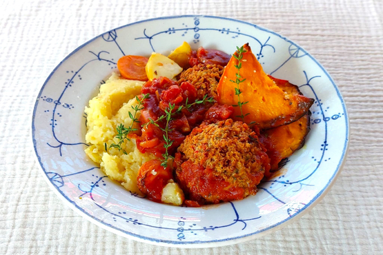 Boulettes végétariennes sauce tomate et purée au beurre fermier Les Filles bio