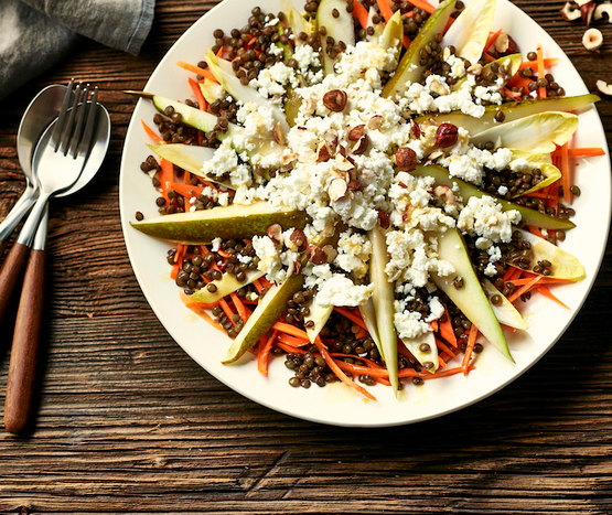 Salade de lentilles aux chicons, poires et fromage blanc bio