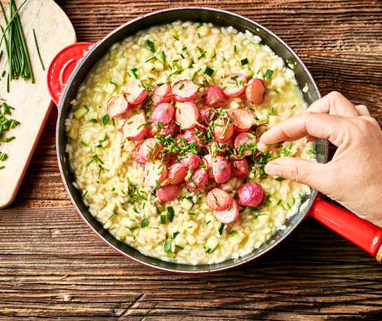 Risotto aux courgettes et radis rôtis bio