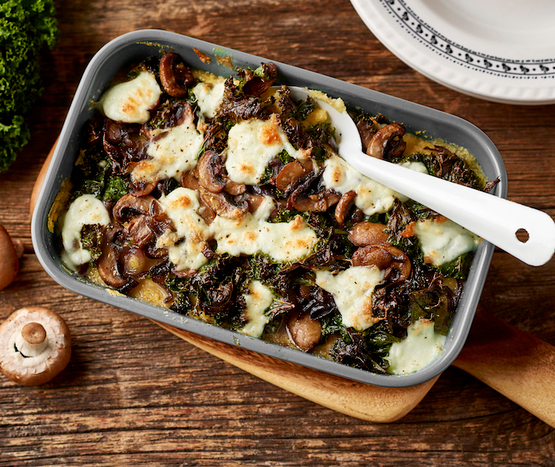 Gratin de polenta, champignons, bettes et mozzarella bio