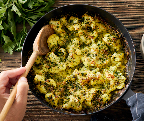 Gratin de chou-fleur, fromage et moutarde bio