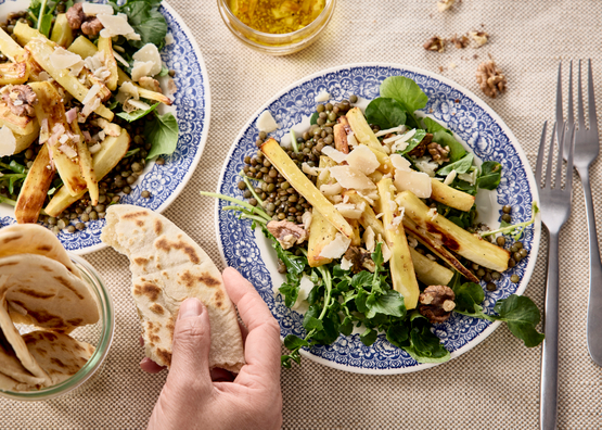 Panais rôtis, lentilles et noix bio