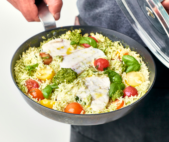 Pilaf de poisson aux tomates cerises et pistou bio
