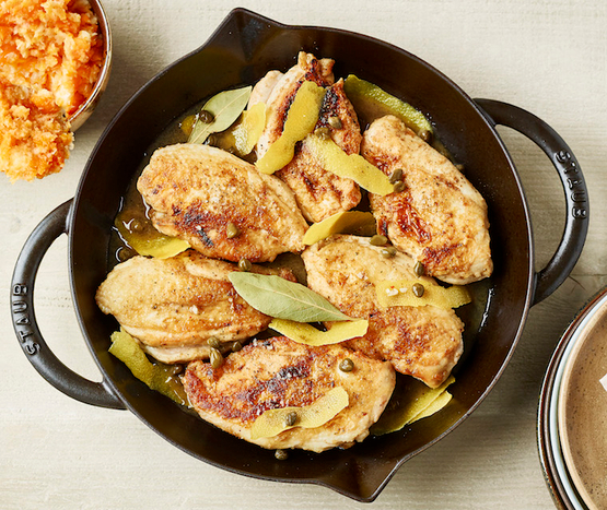 Poulet braisé au citron, purée de carottes-panais
