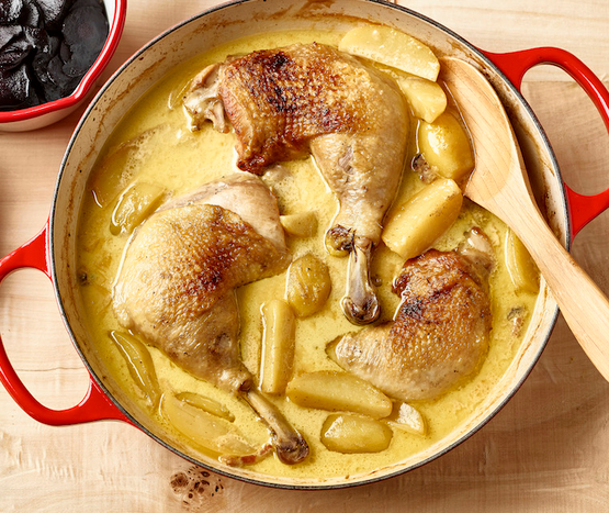 Cocotte de poulet à la moutarde et au miel, carottes braisées