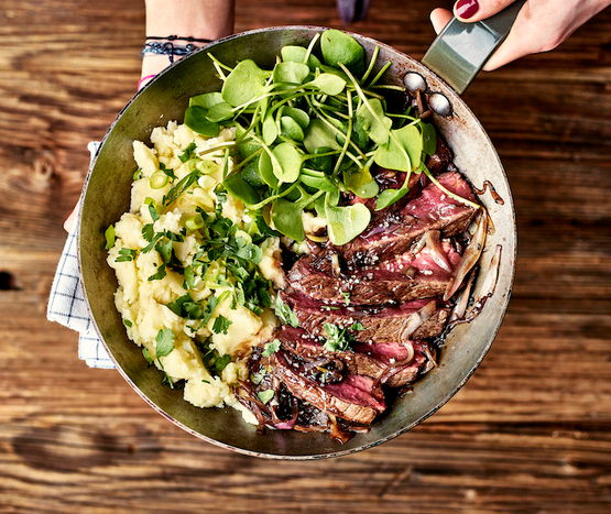 Steaks de boeuf glacés au balsamique et purée de pommes de terre
