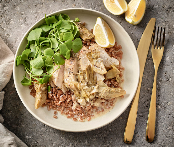 Cocotte de poulet aux artichauts et pourpier d'hiver