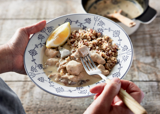 Blanquette de poulet aux champignons, riz sauvage