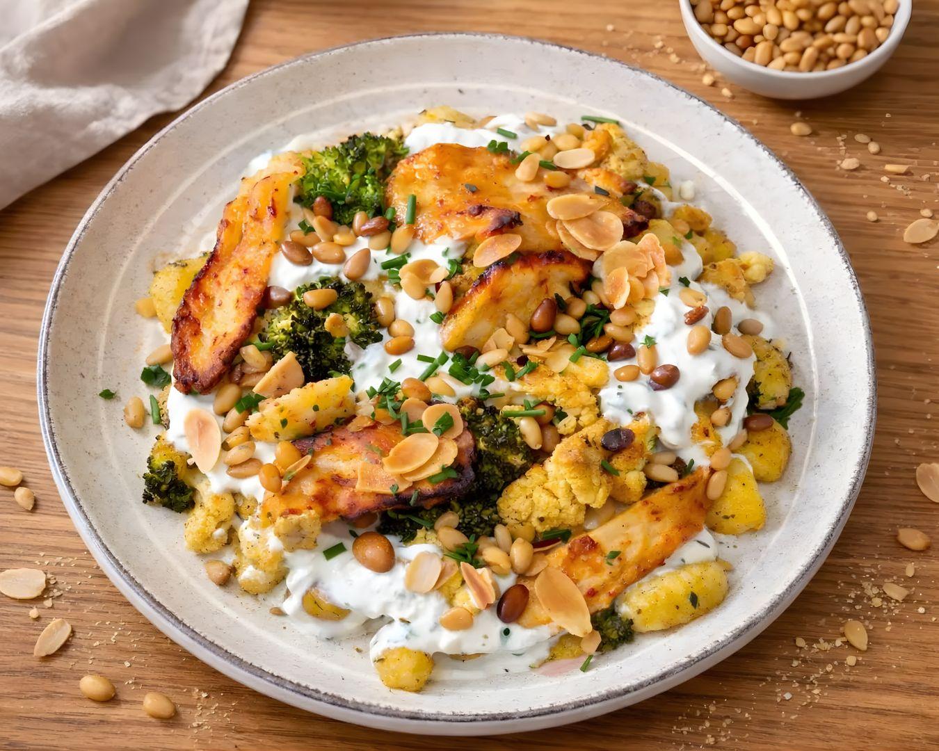 Acheter Gnocchis, brocoli et chou-fleur rôtis, halloumi caramélisé, sauce ricotta citron, amandes et pignons grillés en ligne