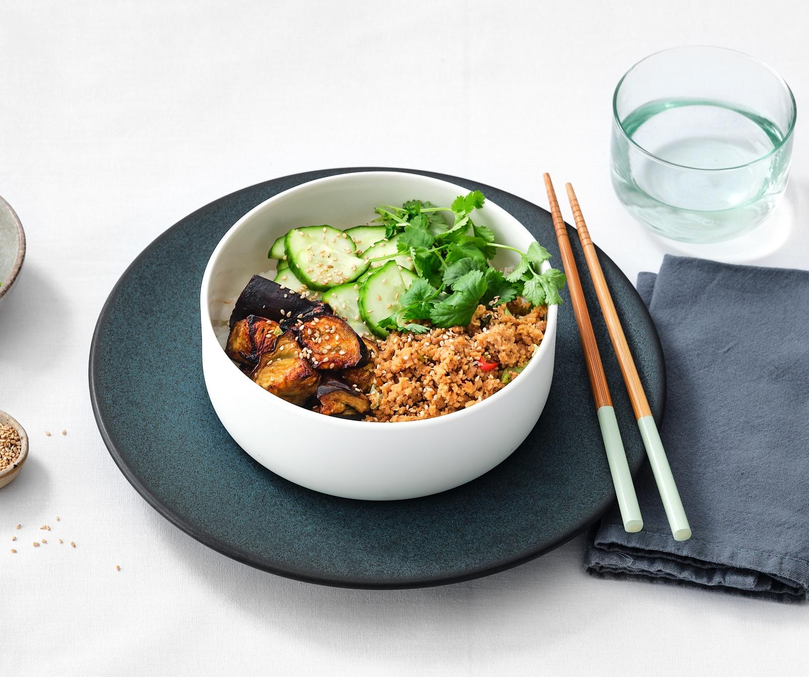 Aubergines façon teriyaki et haché végétal