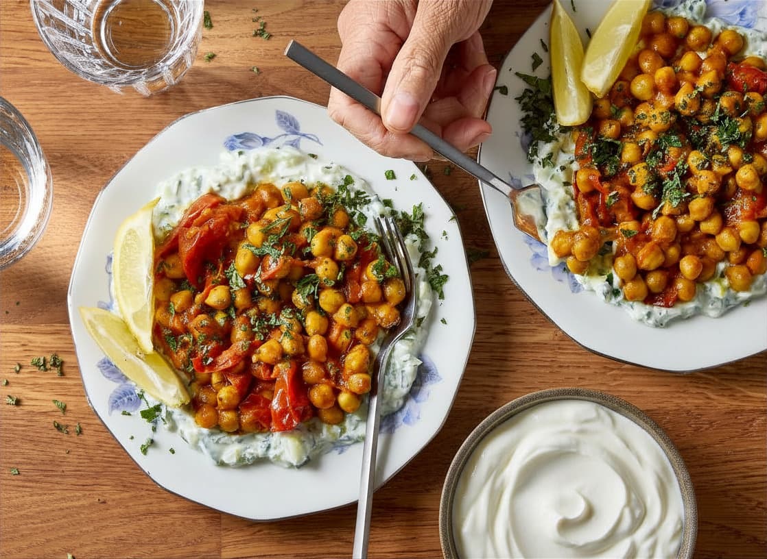 Tomates et pois chiches sautés au curry, yaourt au concombre