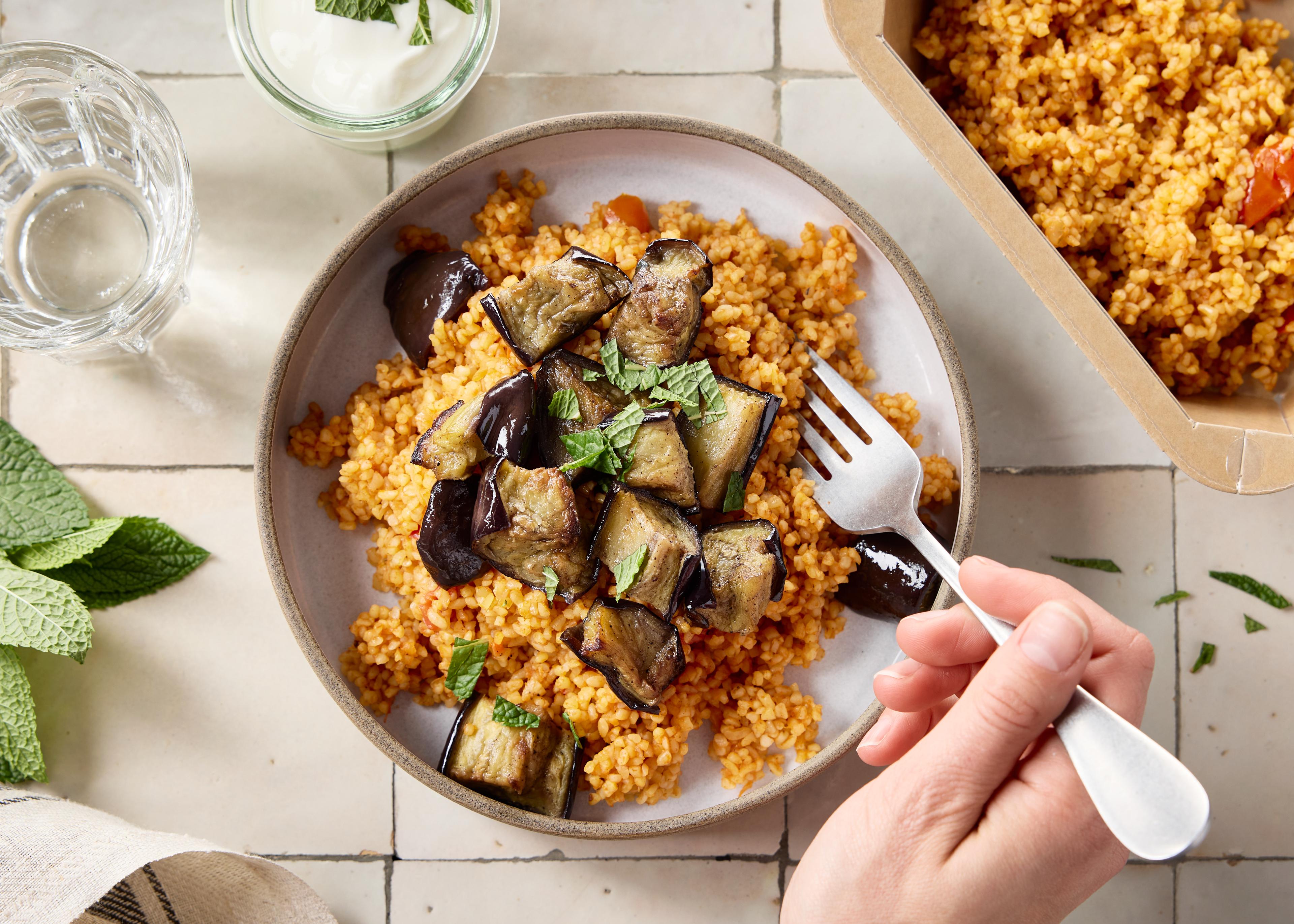 Aubergines confites et boulgour à la tomate (plat à réchauffer)