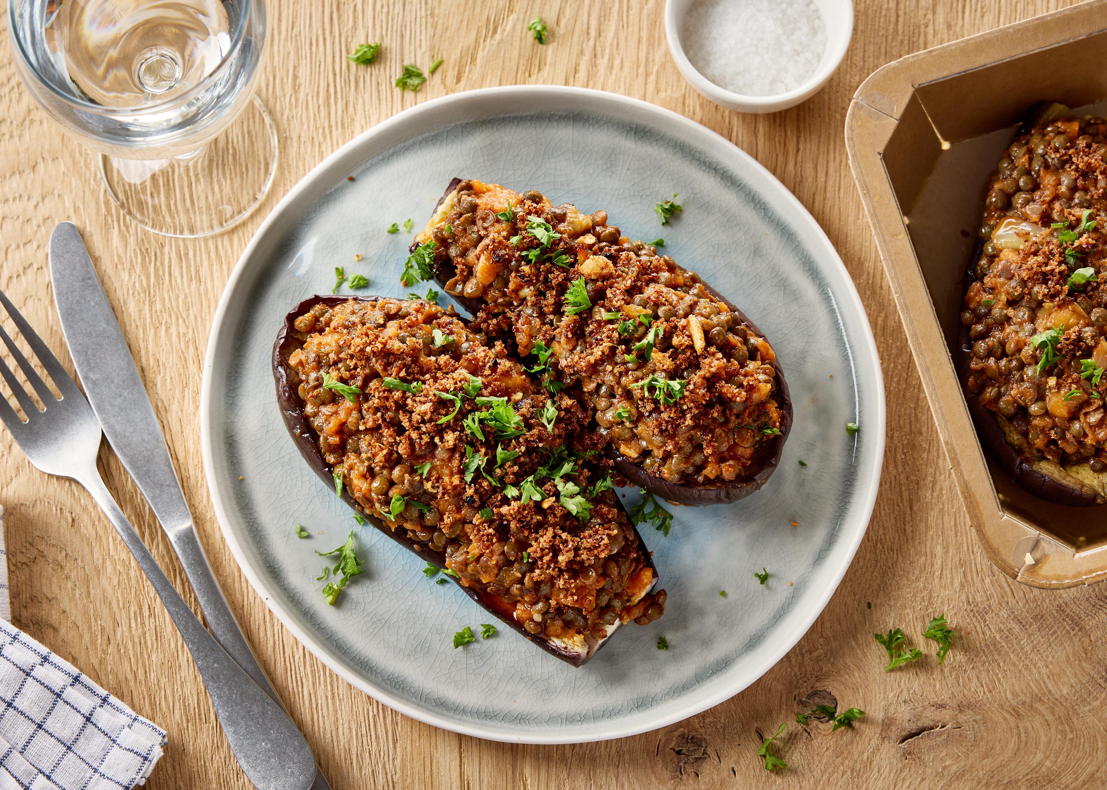 Aubergines farcies aux lentilles (plat à réchauffer)