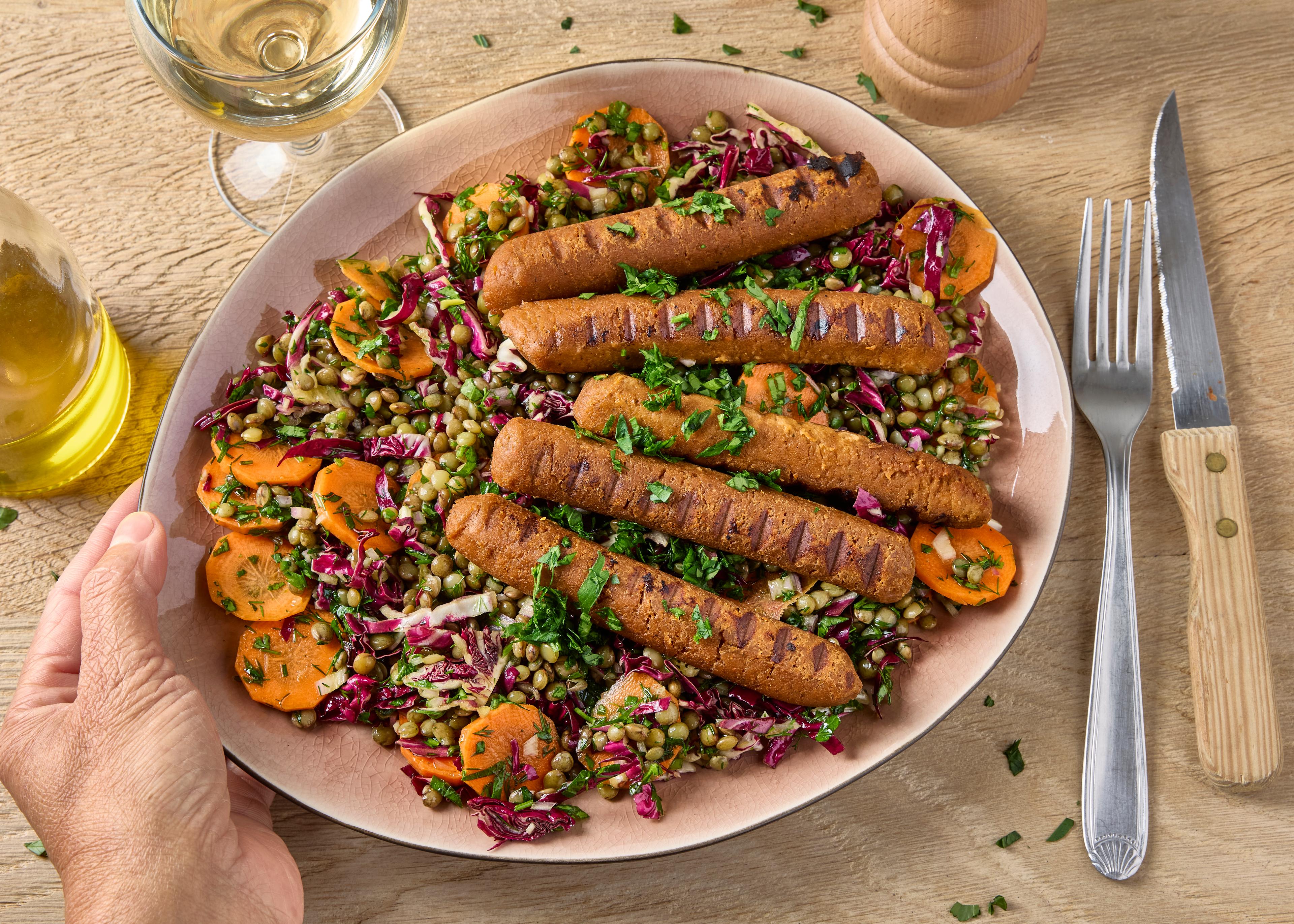 Salade de lentilles et saucisses de seitan
