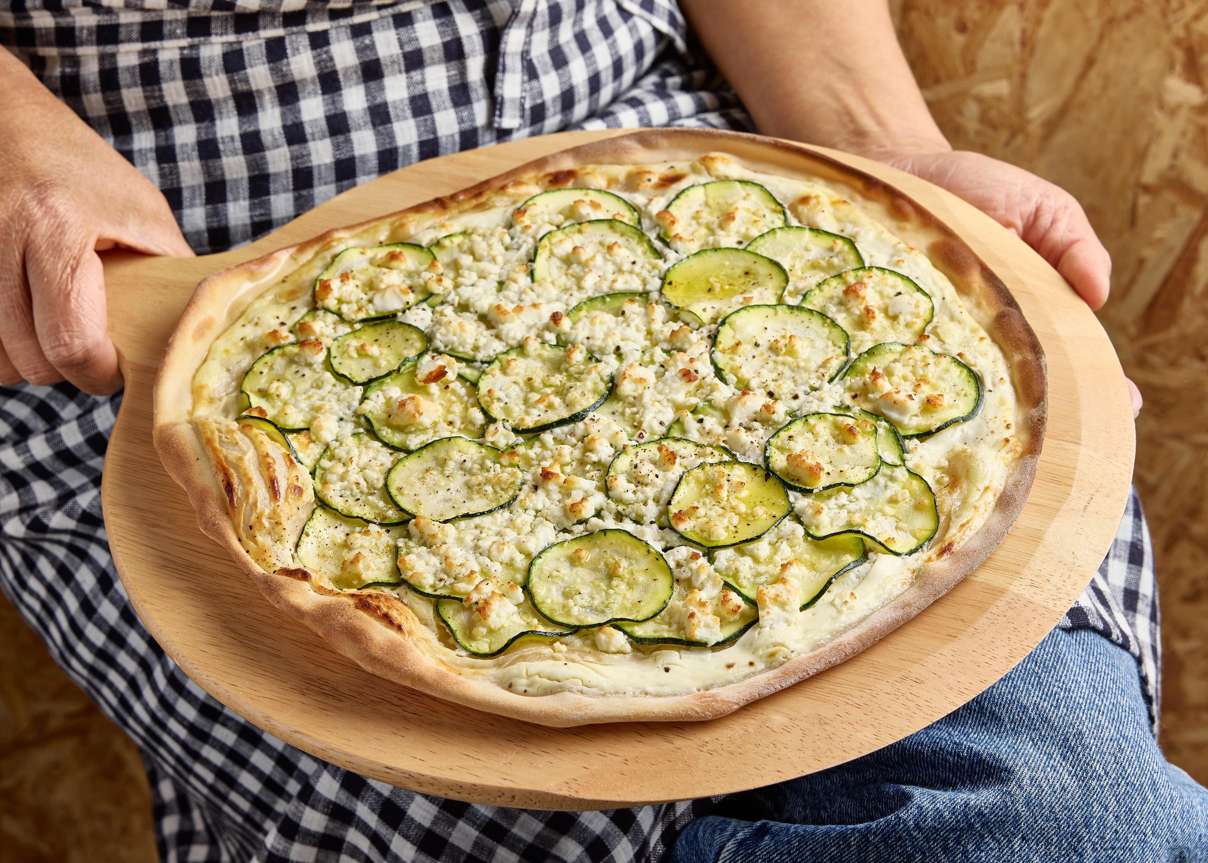 Flammekueche feta, menthe et courgette