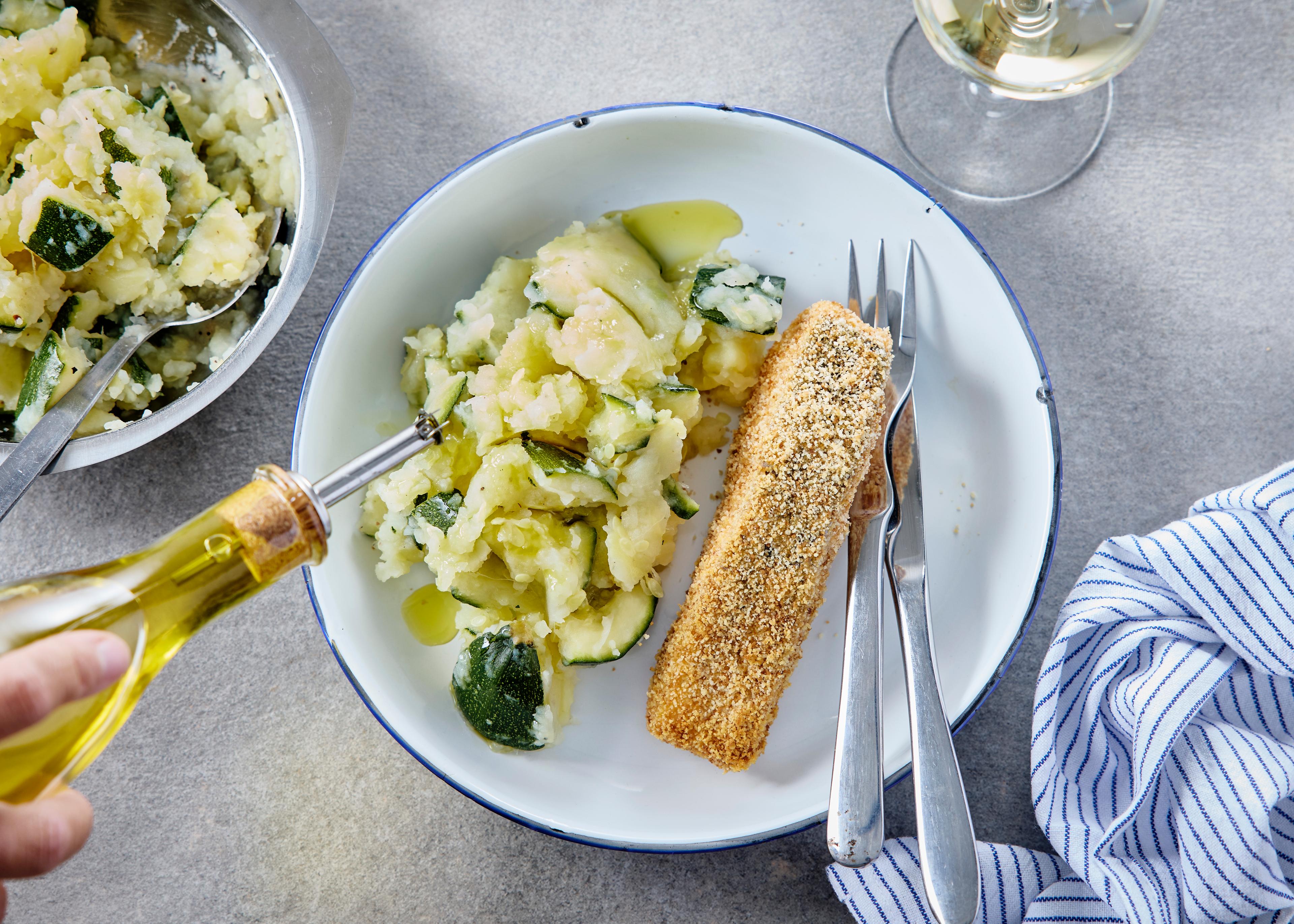 Fish sticks de saumon, mash aux courgettes
