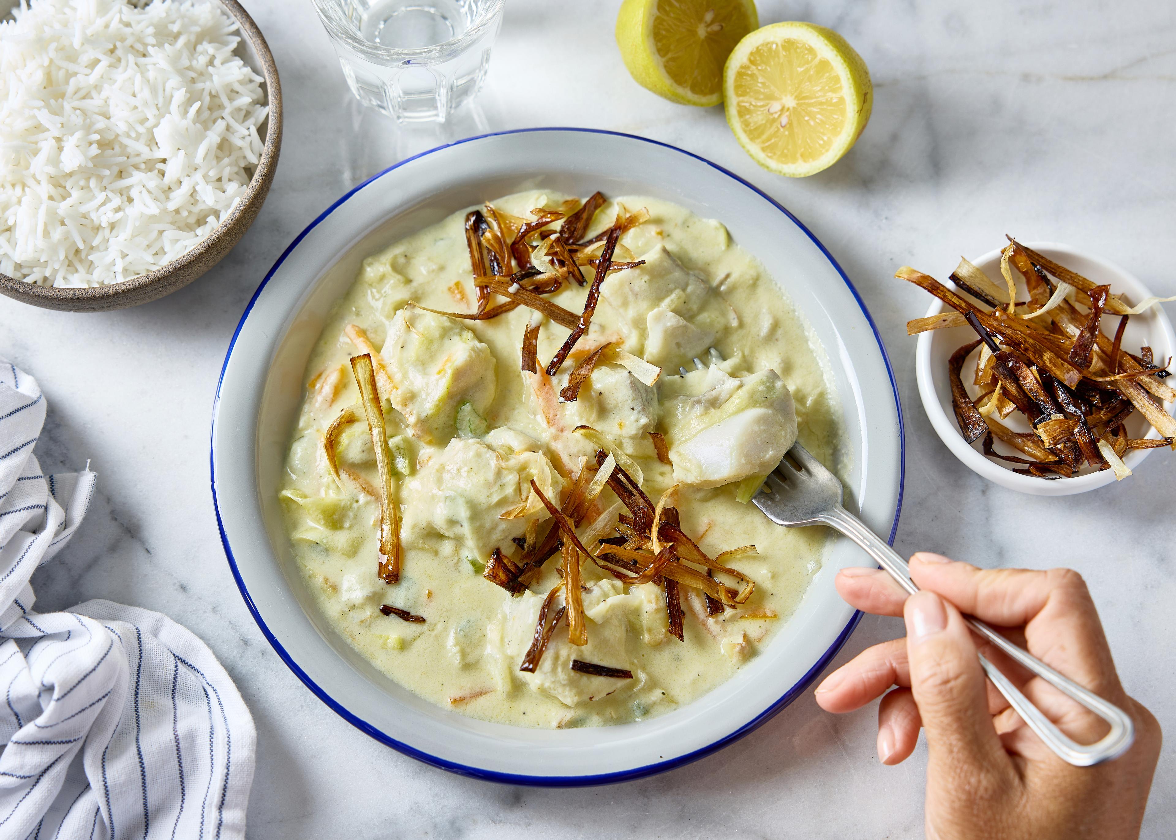 Blanquette de poisson aux poireaux frits
