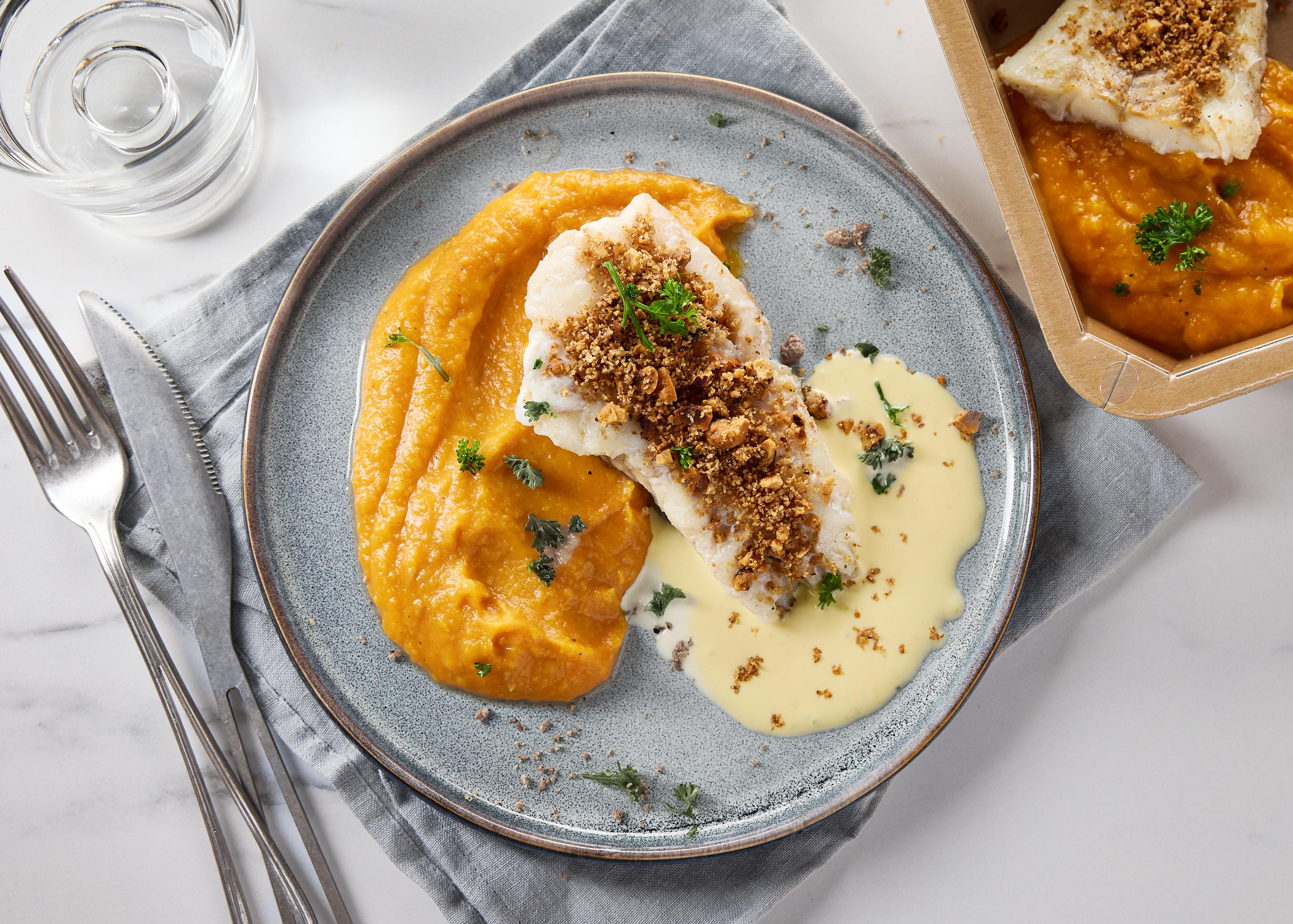 Cabillaud crumble de noisette & purée de butternut (plat à réchauffer)