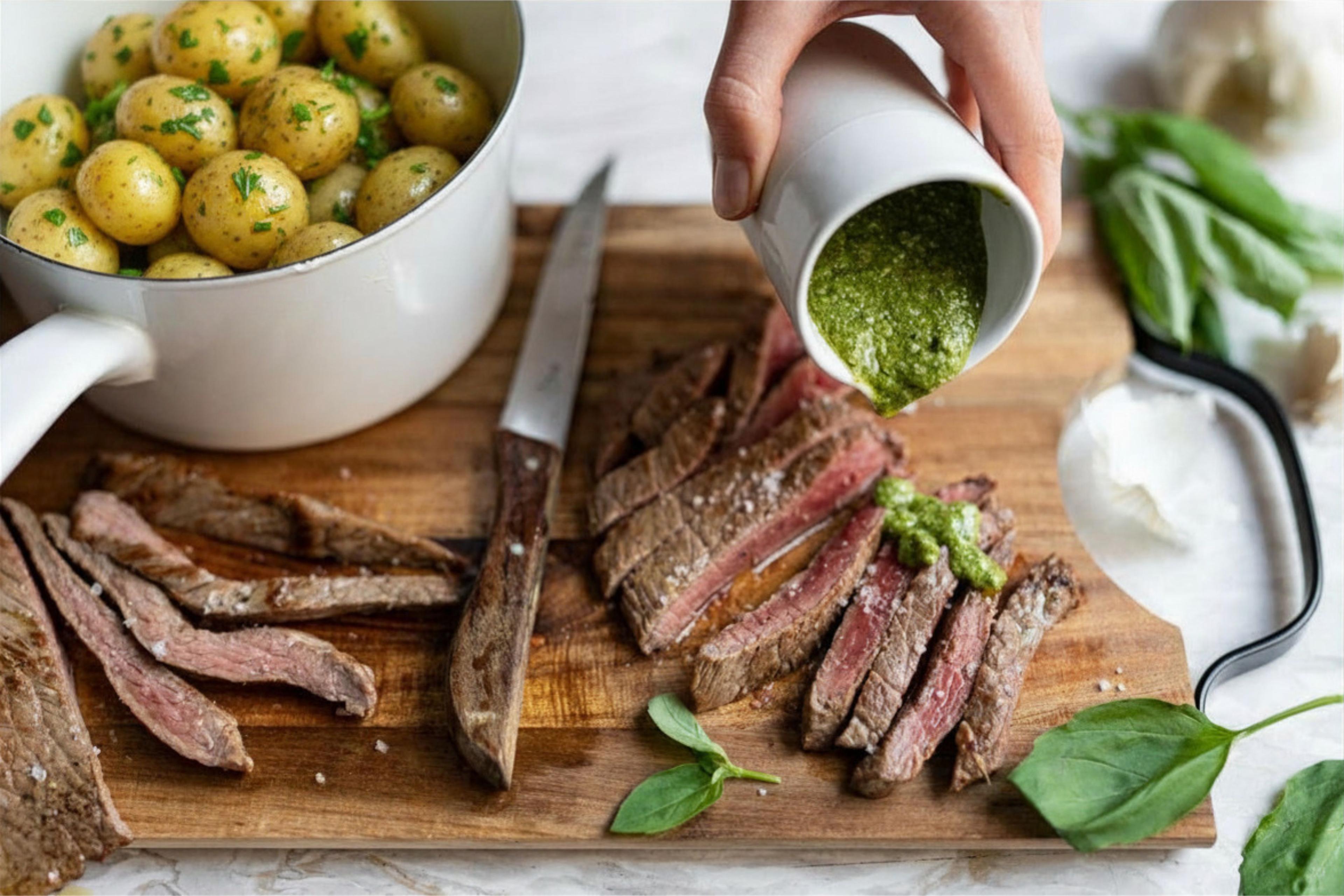 Steak de boeuf au pesto d'épinards maison