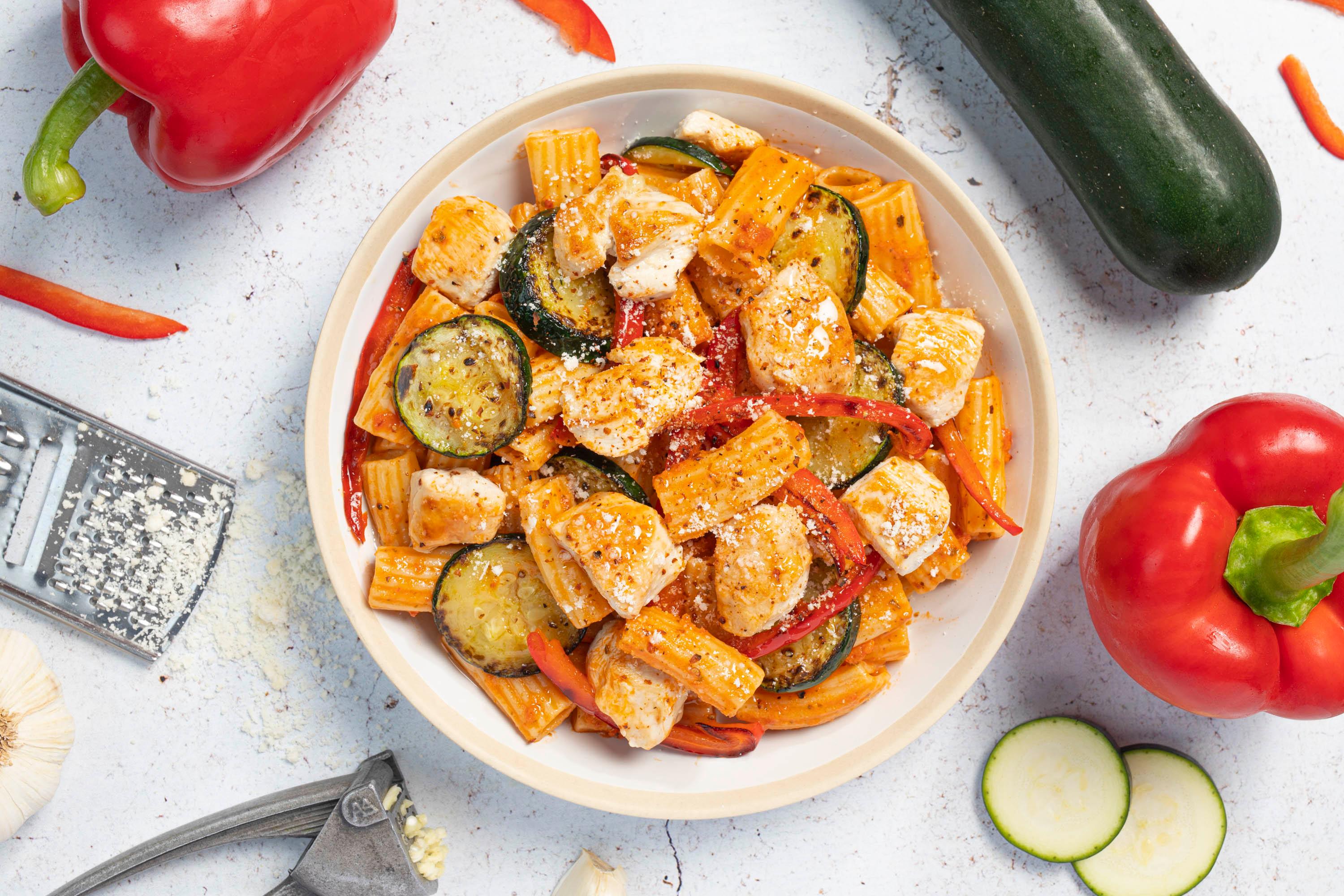 Rigatoni au porc et légumes grillés