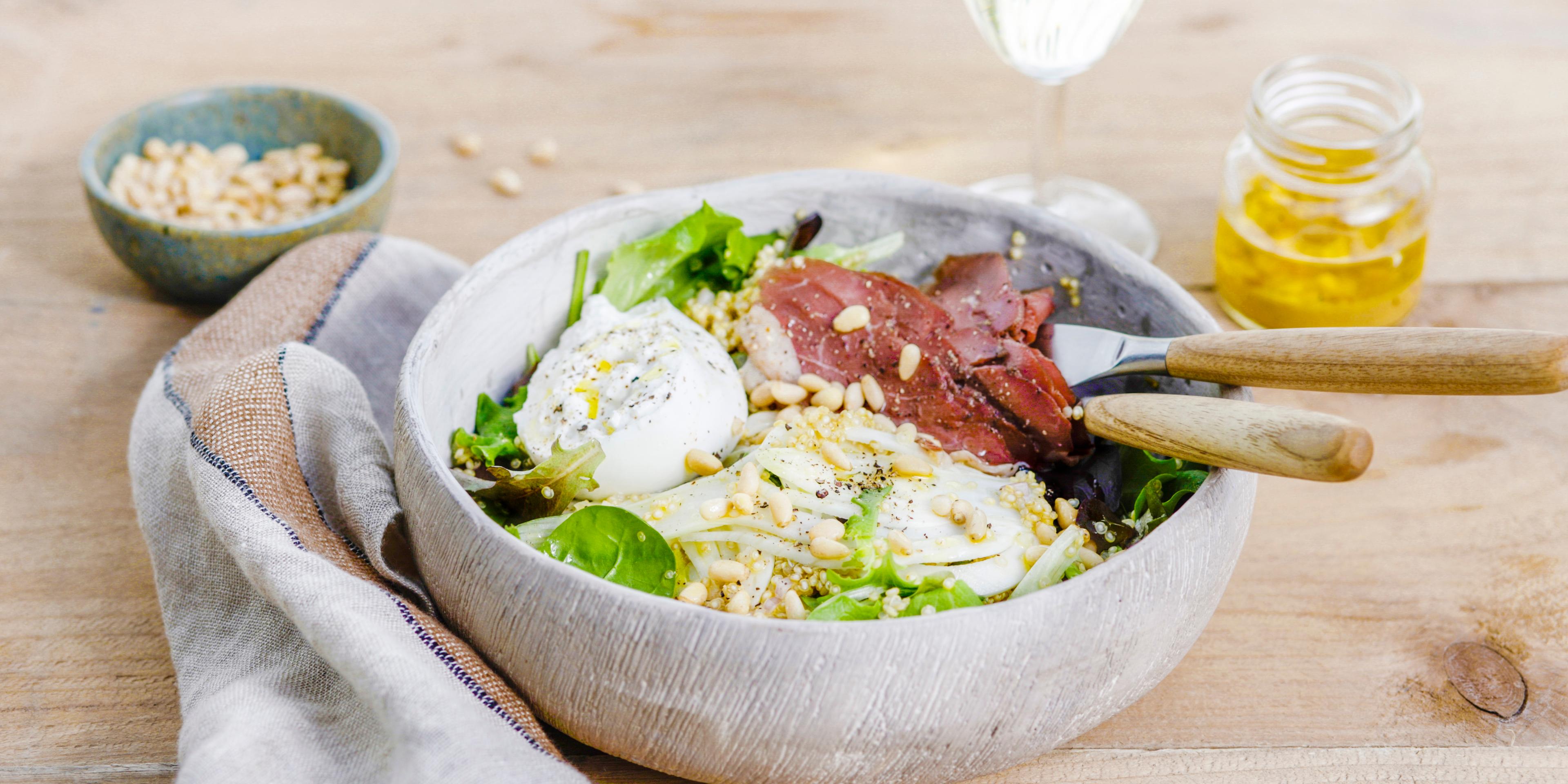 Bowl de millet, jambon fumé et burrata