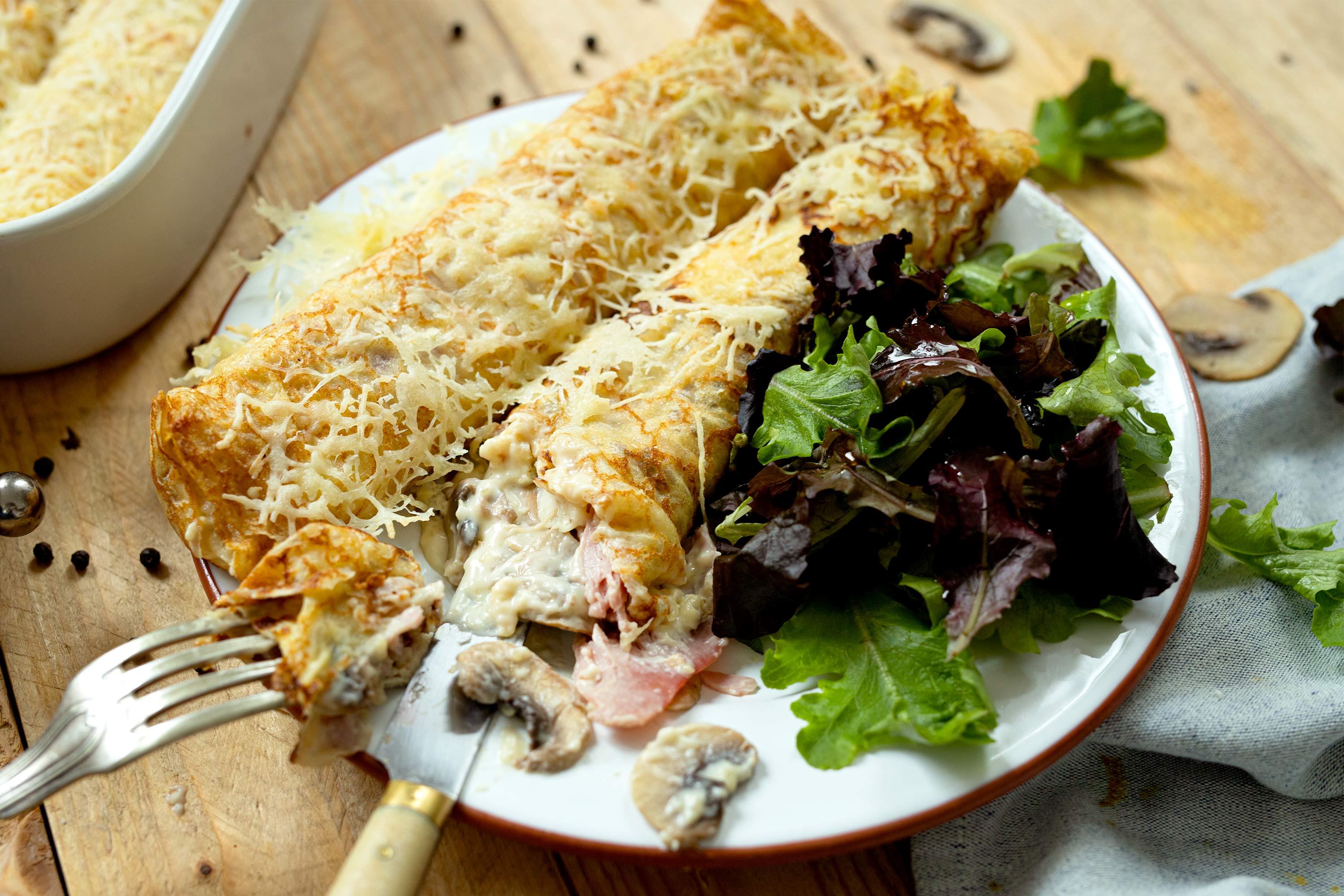 Crêpes, jambon fromage et champignons