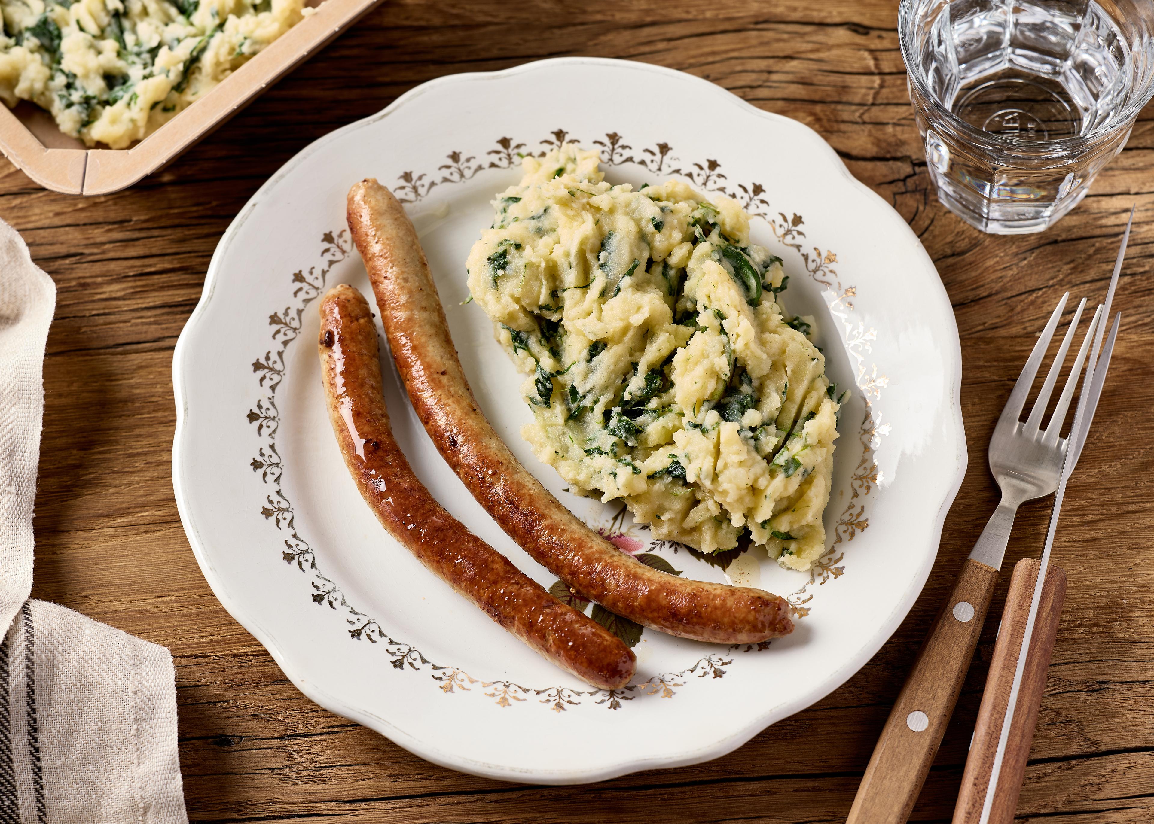 Chipolata et stoemp d'épinards (plat à réchauffer)