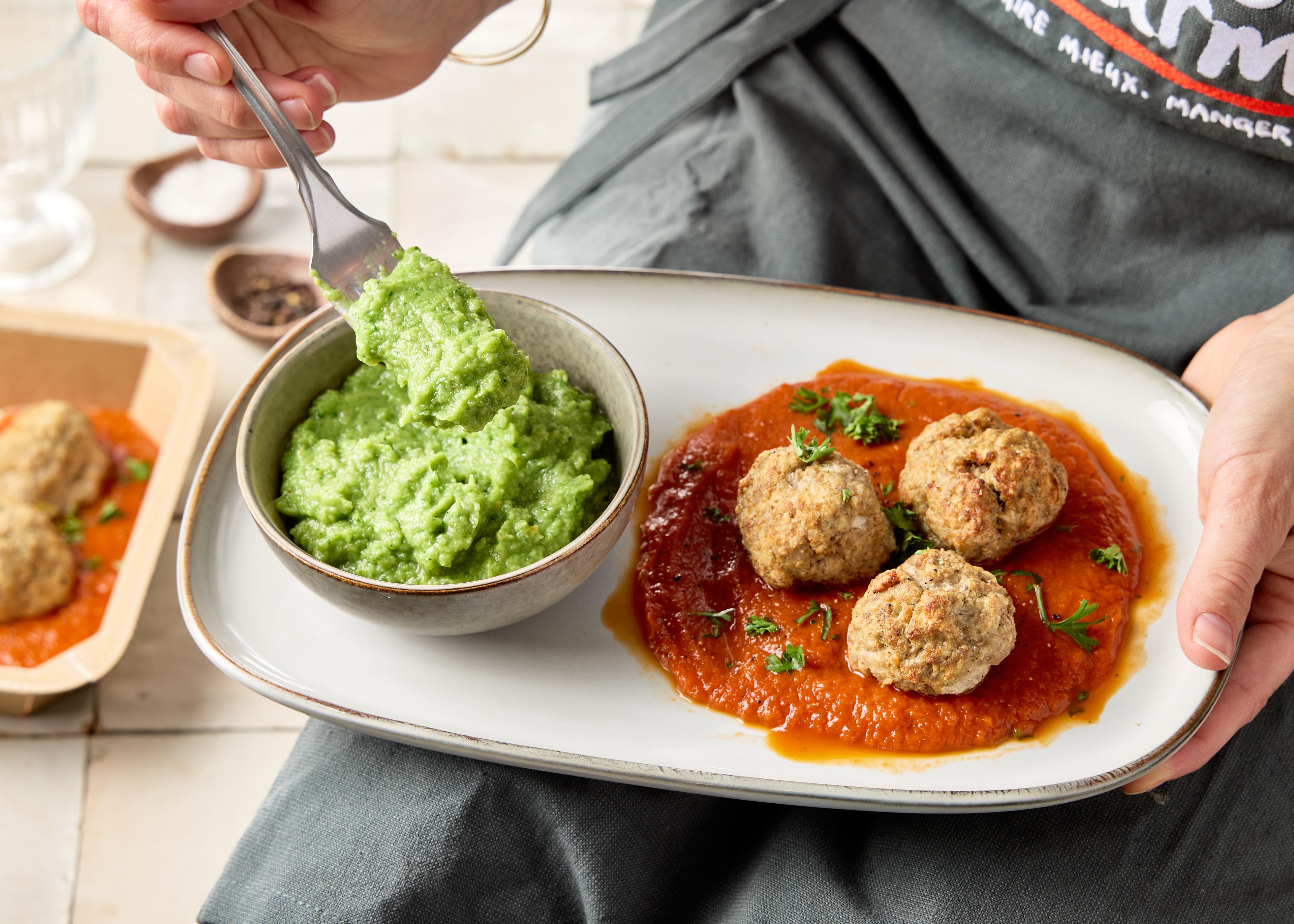 Boulettes de parmesan, ricotta et purée de brocoli (plat à réchauffer)