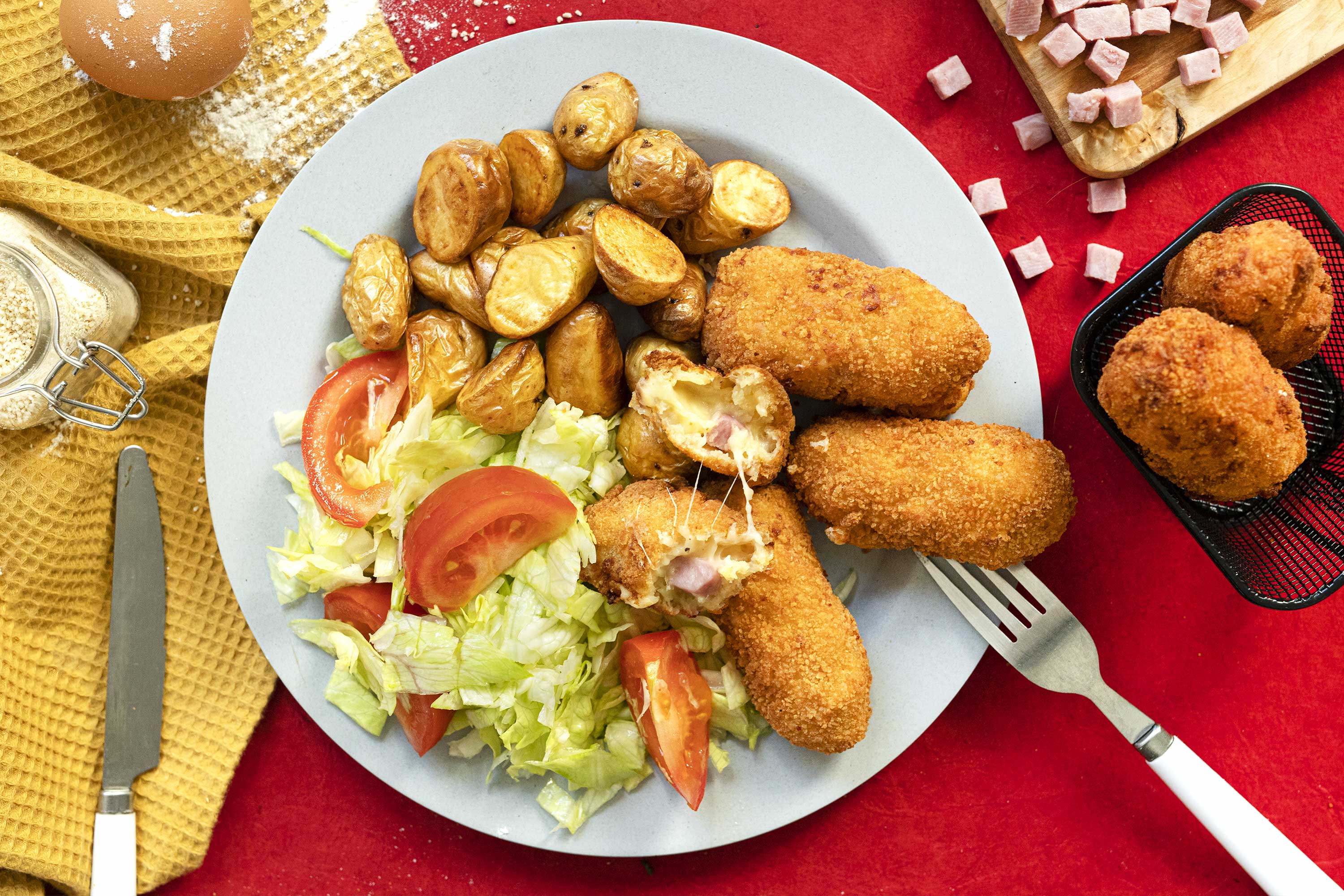 Croquettes jambon fromage et grenailles rôties