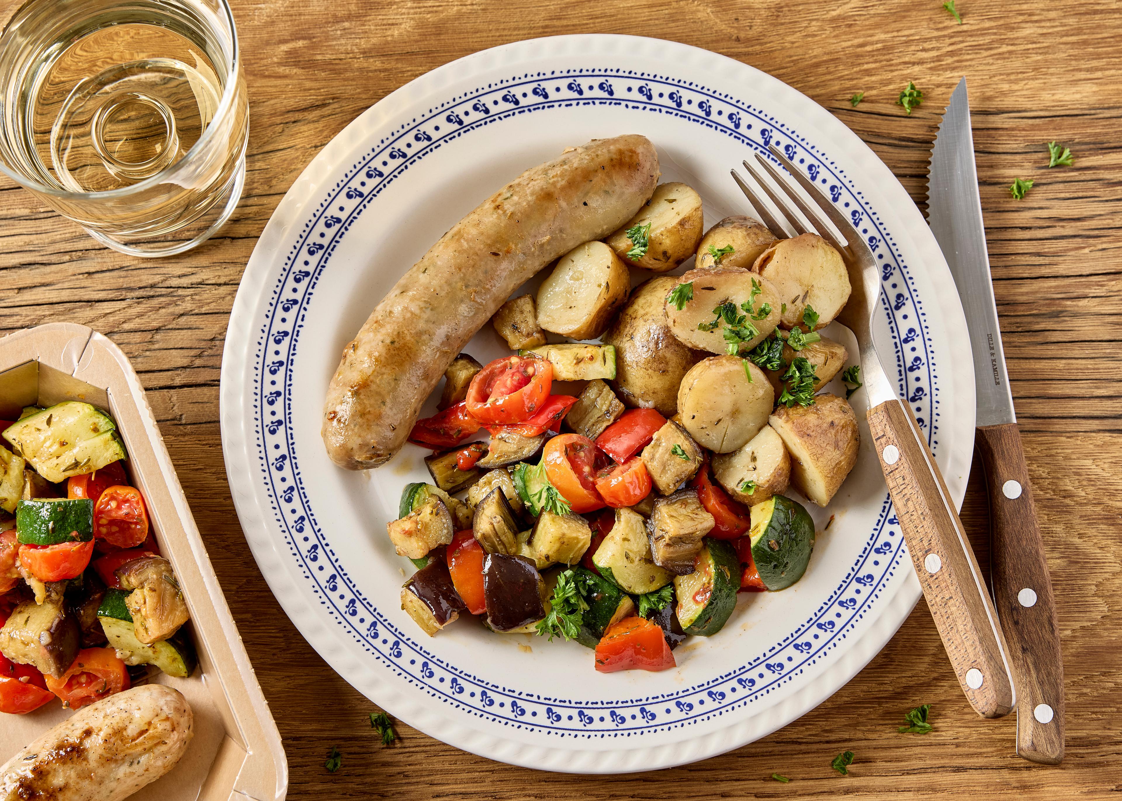 Saucisse de campagne et légumes d'été (plat à réchauffer)