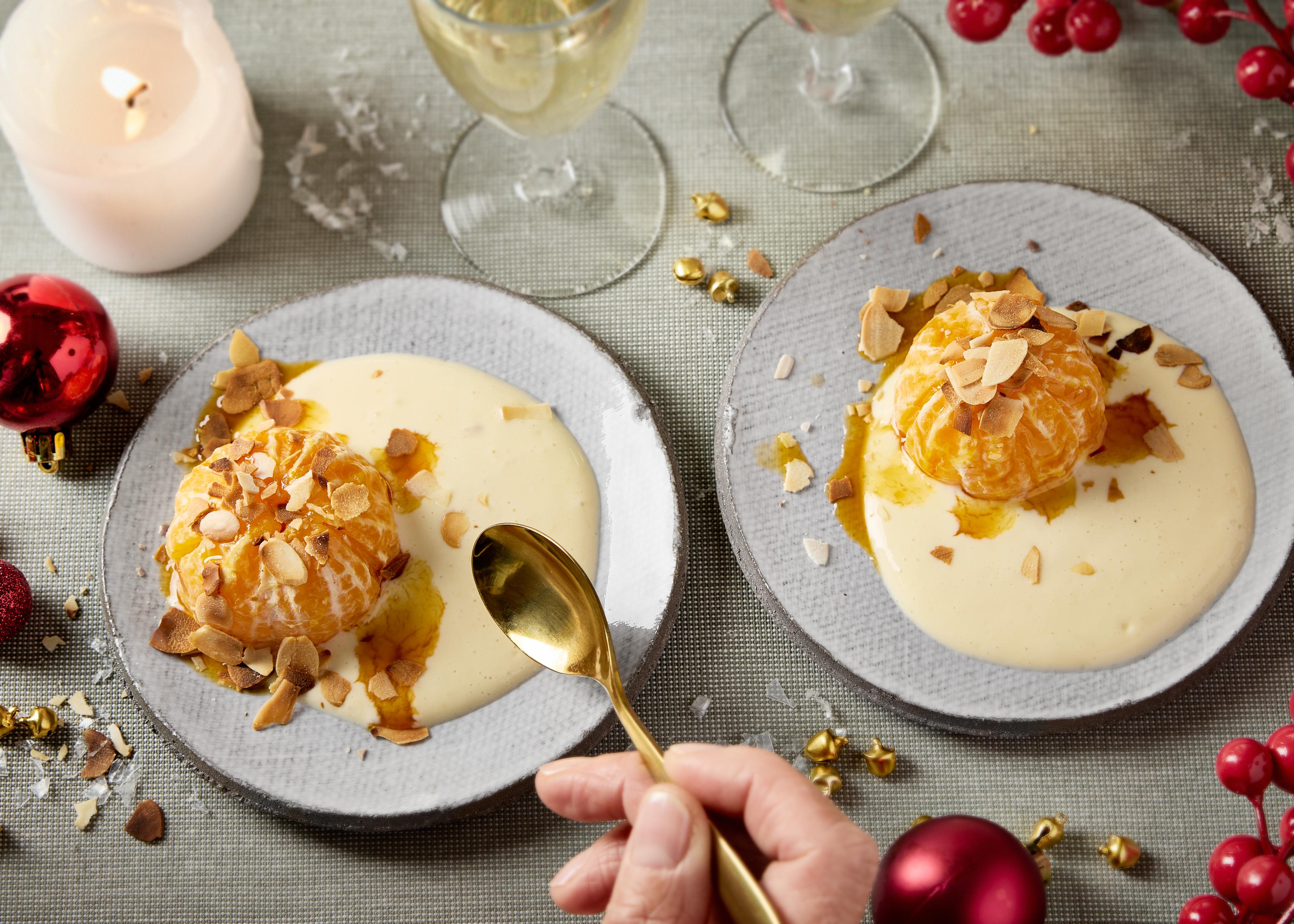 Clémentines rôties, amandes grillées et crème au citron