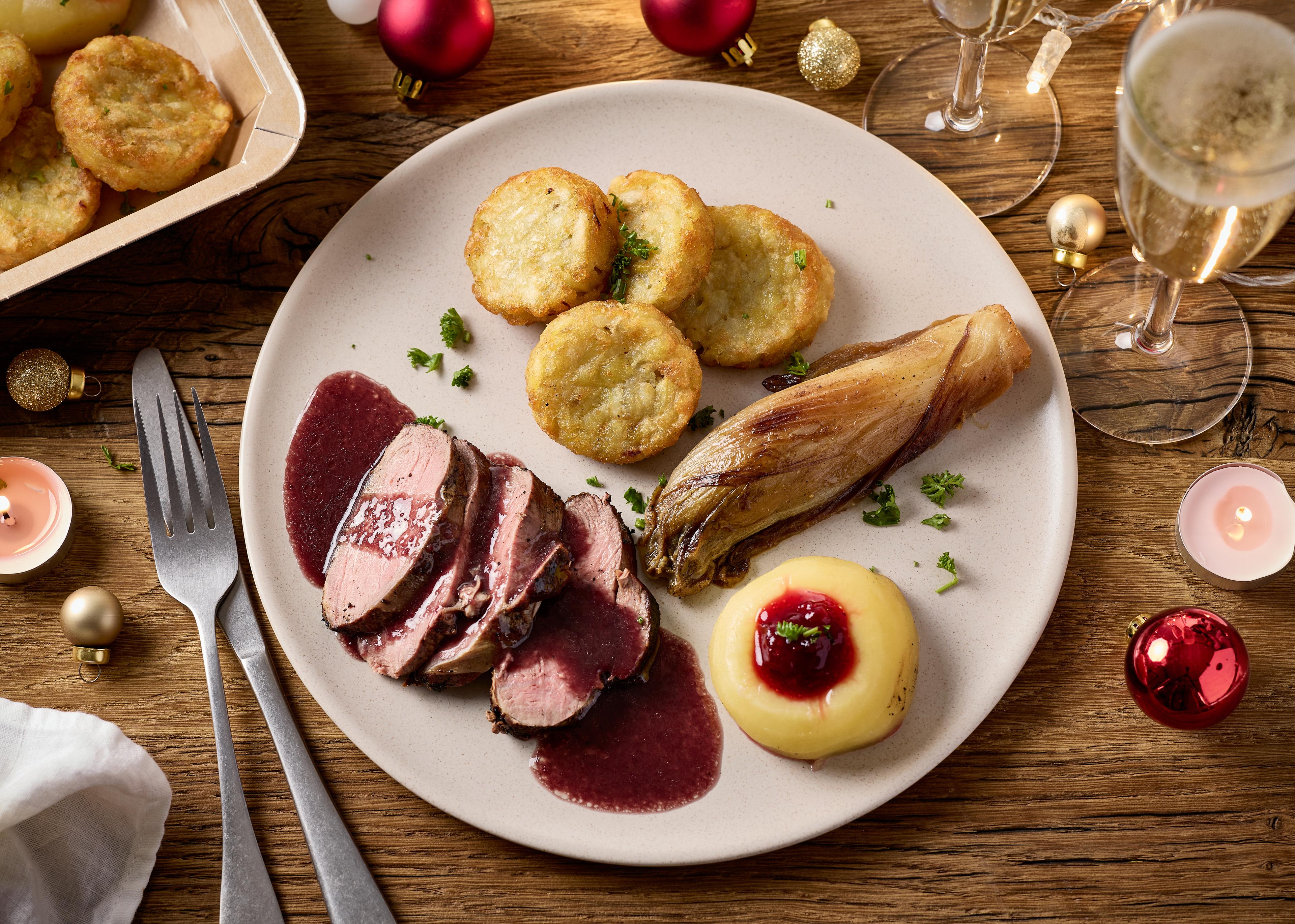 Filet de canard, röstis, pommes et airelles (plat à réchauffer)